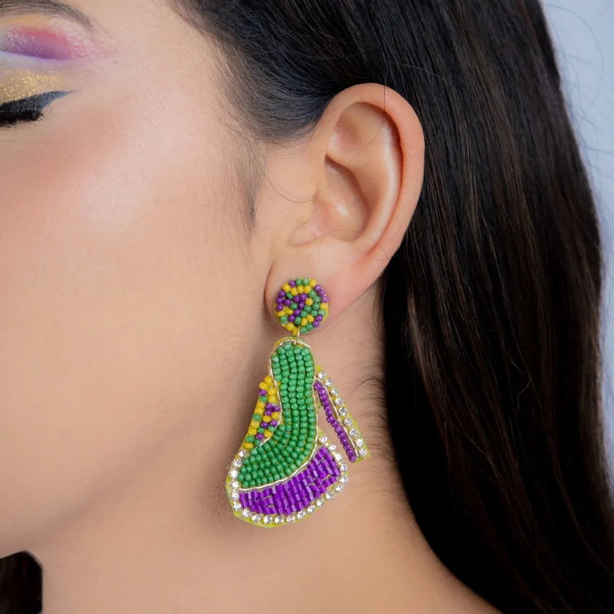 High Heel Beaded Mardi Gras Earrings with Rhinestones