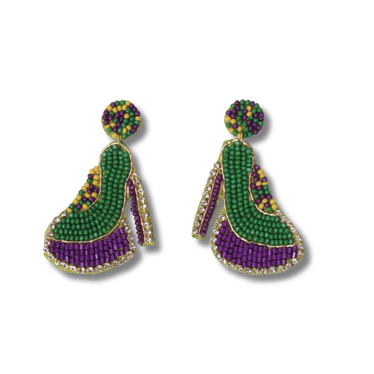 High Heel Beaded Mardi Gras Earrings with Rhinestones