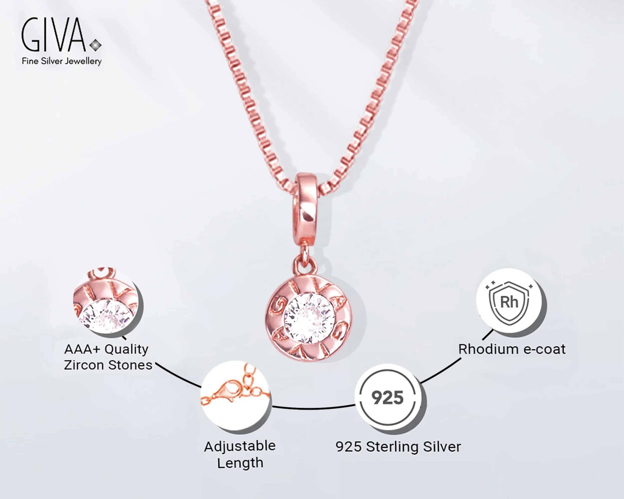 Hypoallergenic Sterling Silver Rose Gold Minimal Zircon Pendant with Link Chain