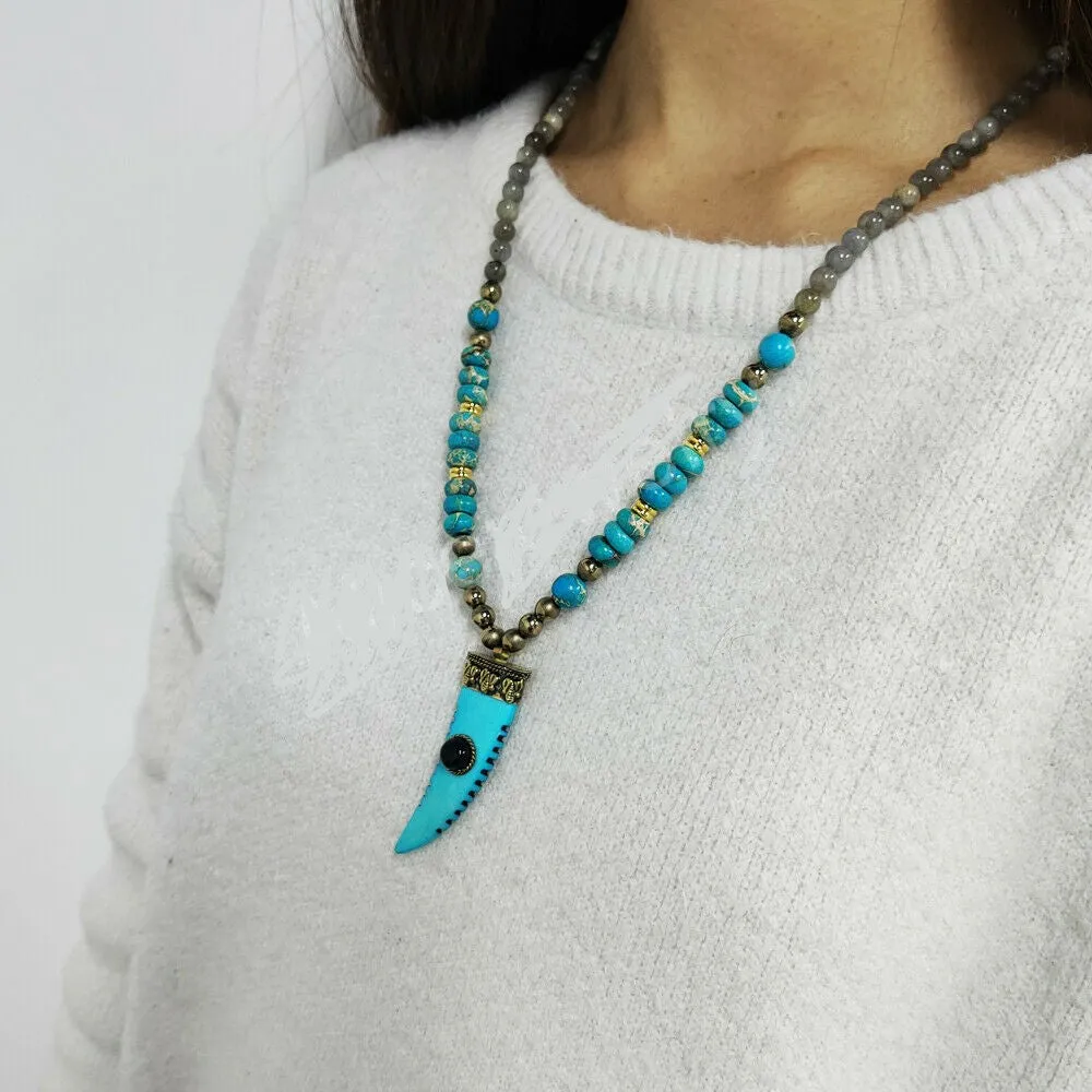 Labradorite Blue Turquoise Horn Pendant Long Necklace