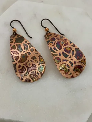 Large acid etched copper teardrop earrings