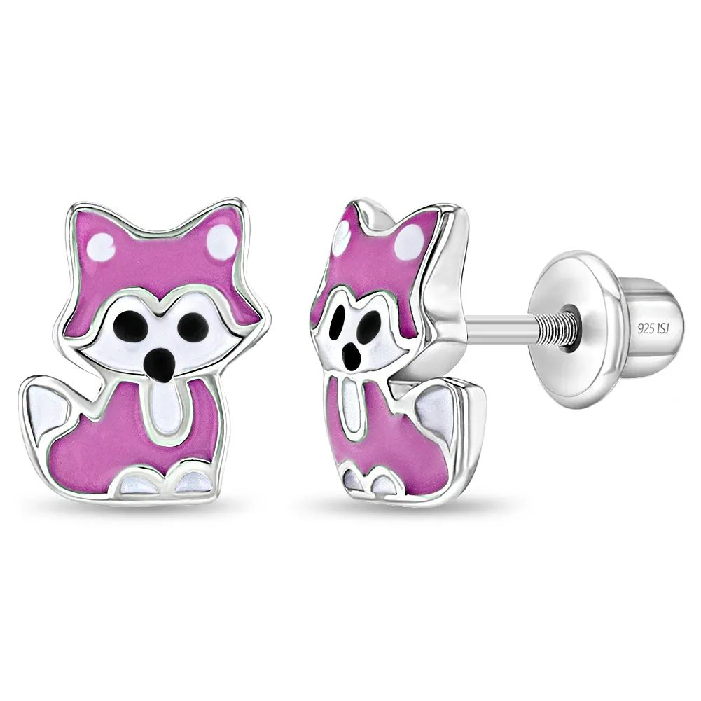 Little Fox Kids / Children's / Girls Earrings Screw Back Enamel - Sterling Silver