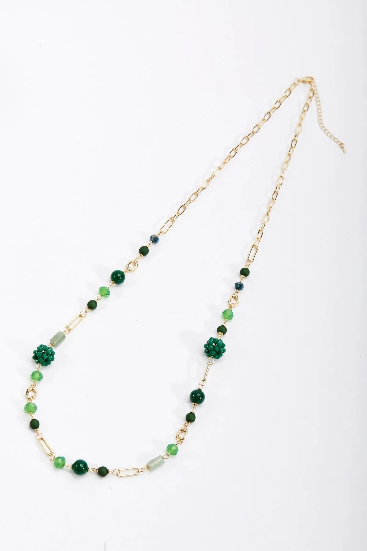 Long Gold Necklace with Green Beads