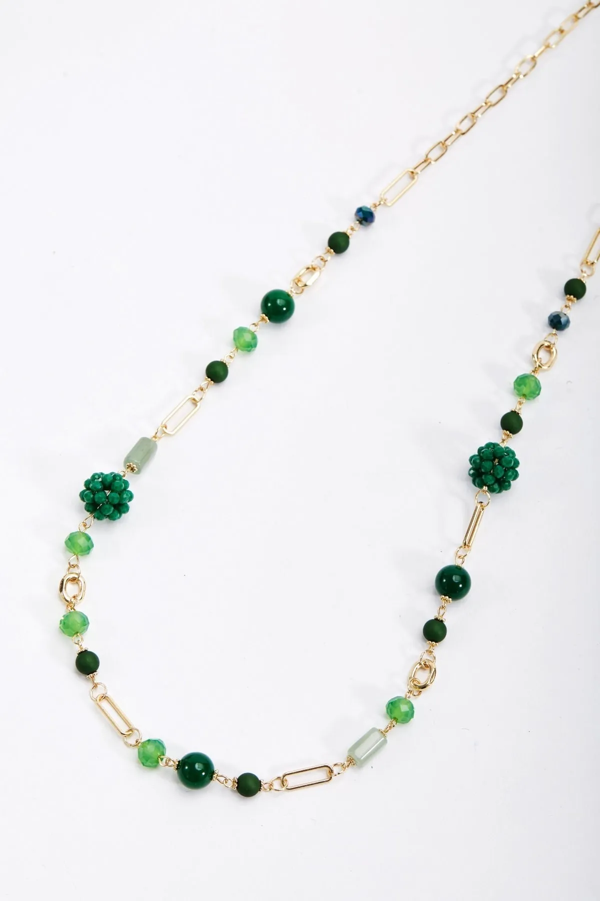 Long Gold Necklace with Green Beads