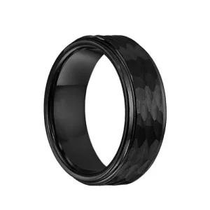 MACCABEE Black Raised Hammer Textured Finish Tungsten Ring with Polished Step Edges by Triton Rings - 8mm