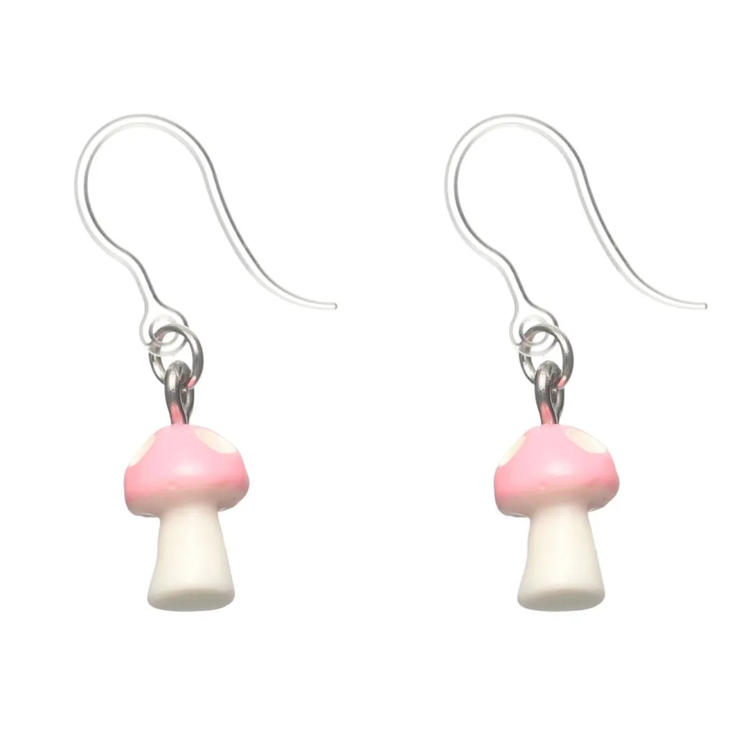 Miniature Mushroom Dangles Hypoallergenic Earrings for Sensitive Ears Made with Plastic Posts