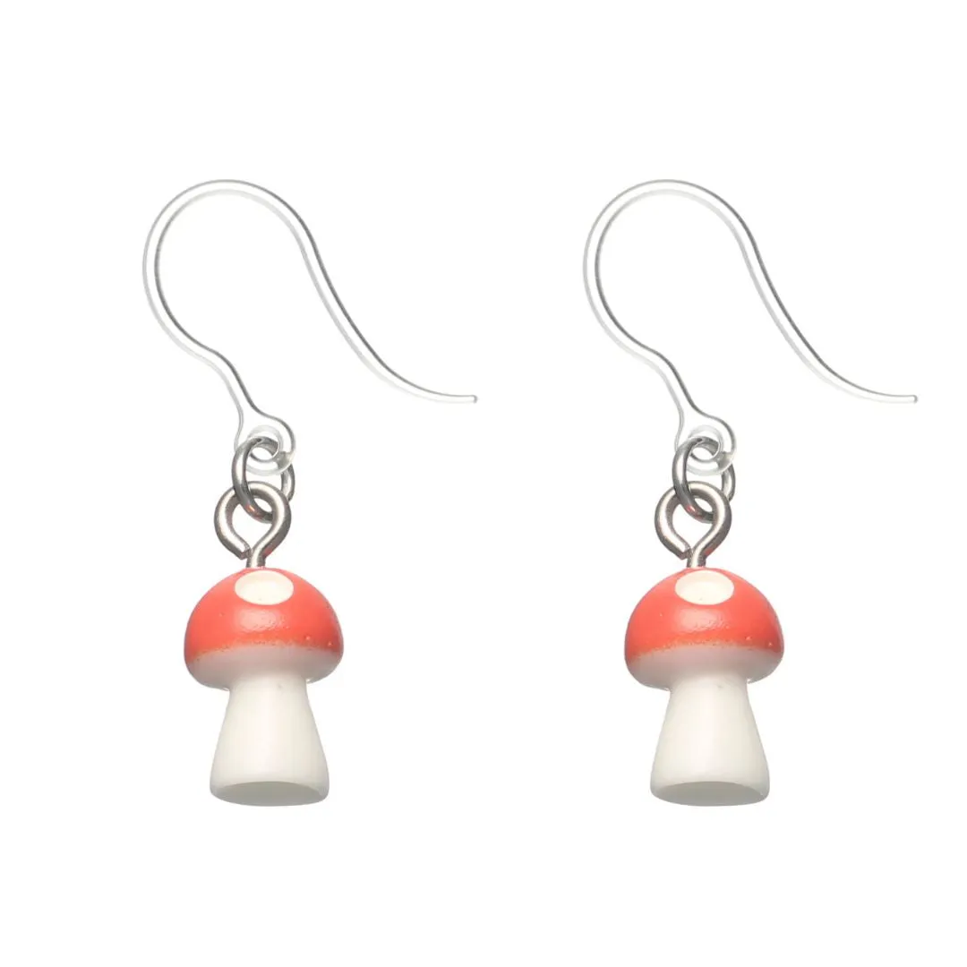 Miniature Mushroom Dangles Hypoallergenic Earrings for Sensitive Ears Made with Plastic Posts