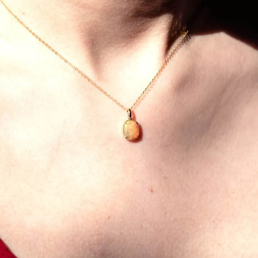 Minimal Oval Ethiopian Opal Pendant Necklace 18k Yellow Gold