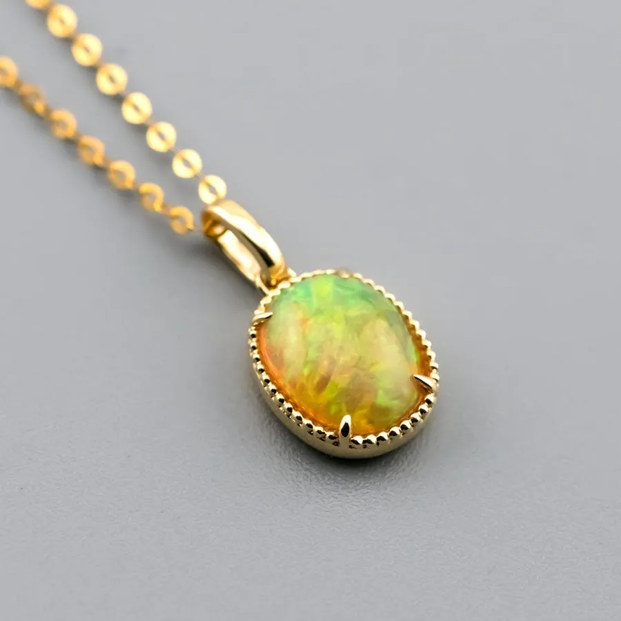 Minimal Oval Ethiopian Opal Pendant Necklace 18k Yellow Gold