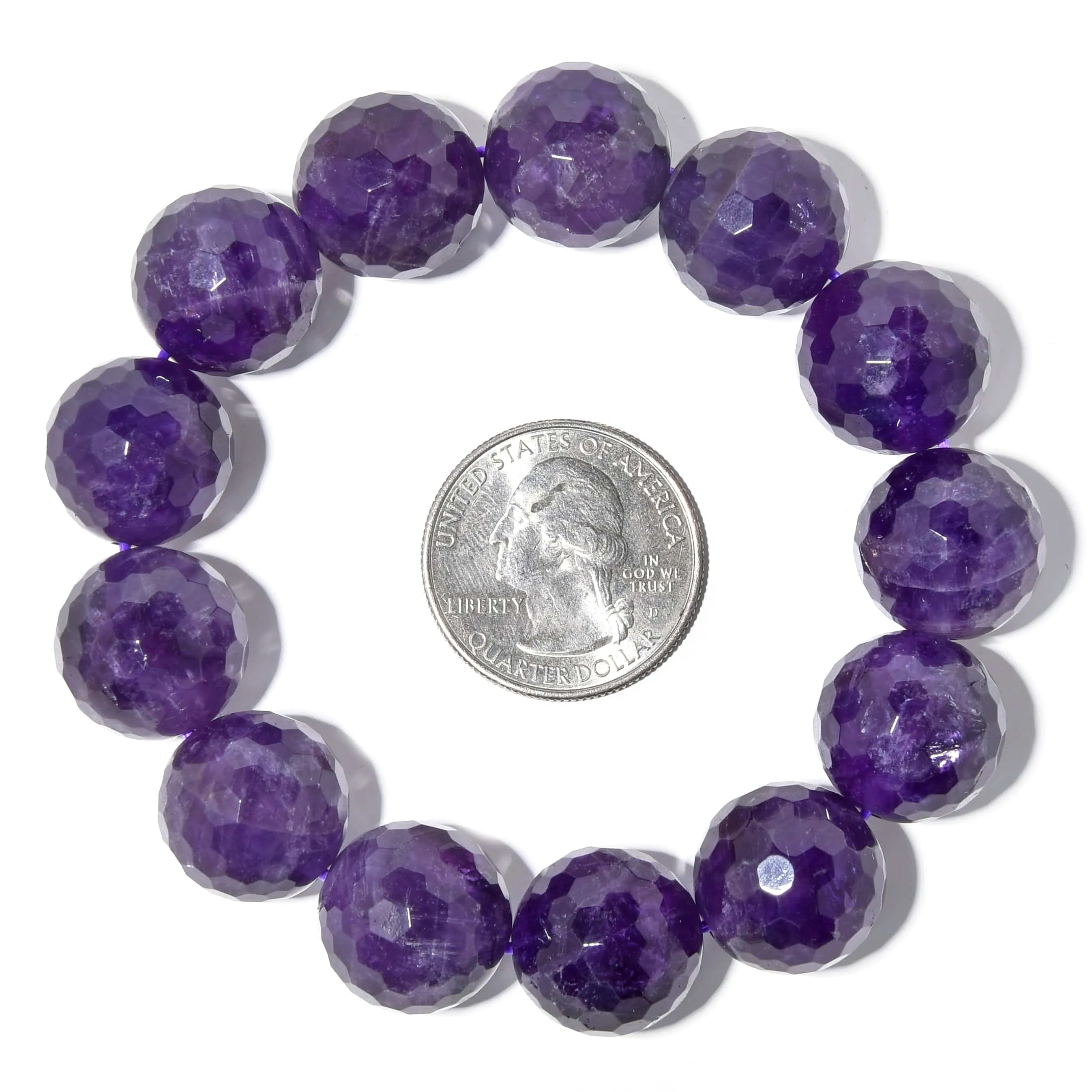 Natural Amethyst 16mm Faceted Gemstone Bead Elastic Bracelet