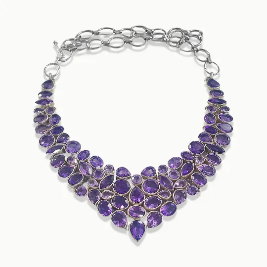 Natural Amethyst Vintage Bib Wedding Necklace For Women - 925 Sterling Silver Handmade Necklace