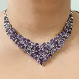 Natural Amethyst Vintage Bib Wedding Necklace For Women - 925 Sterling Silver Handmade Necklace