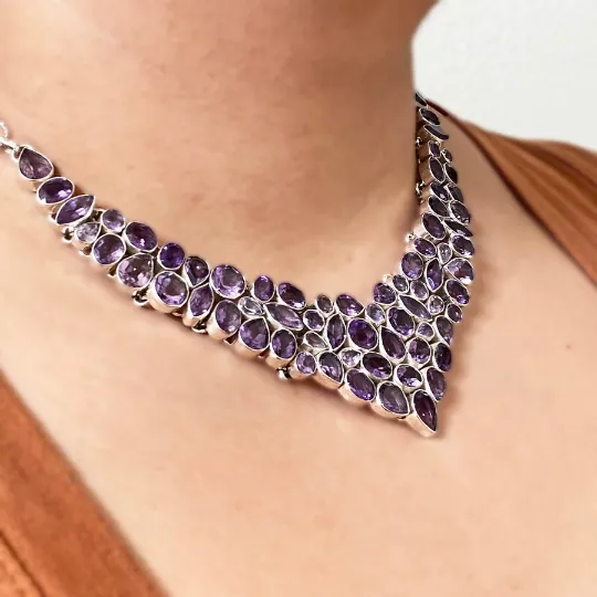 Natural Amethyst Vintage Bib Wedding Necklace For Women - 925 Sterling Silver Handmade Necklace