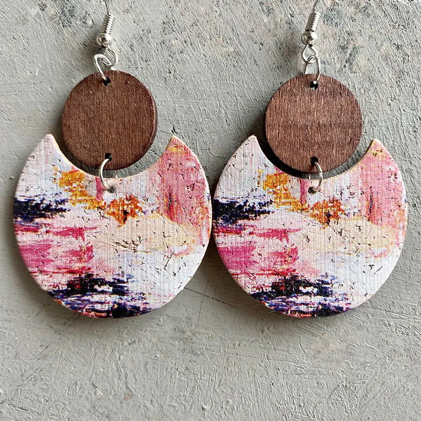 Natural Crescent Cork & Wood Dangle Earrings - 6 Unique Patterns