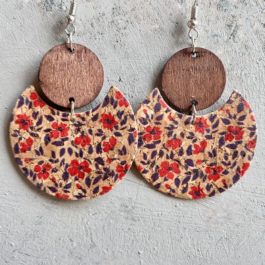 Natural Crescent Cork & Wood Dangle Earrings - 6 Unique Patterns