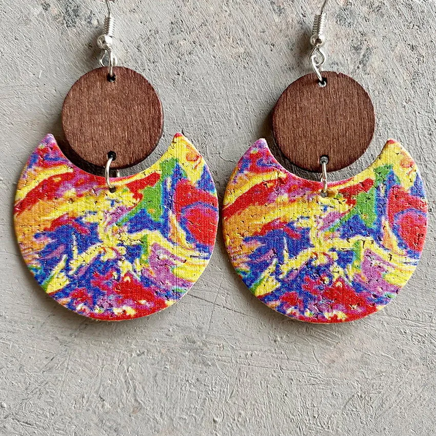 Natural Crescent Cork & Wood Dangle Earrings - 6 Unique Patterns