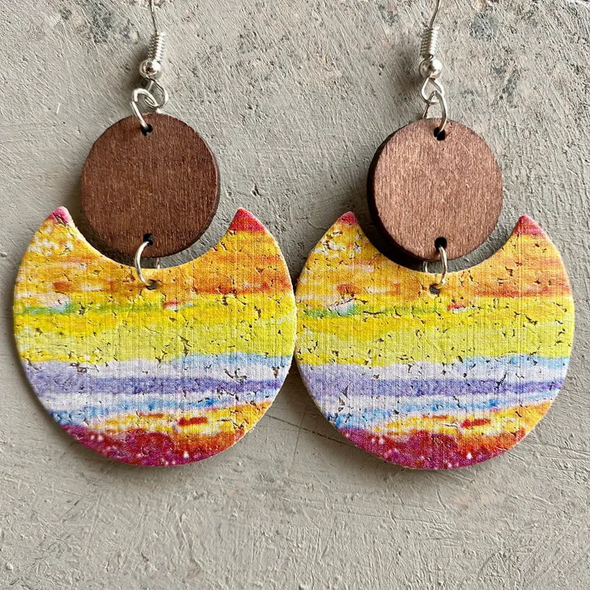 Natural Crescent Cork & Wood Dangle Earrings - 6 Unique Patterns