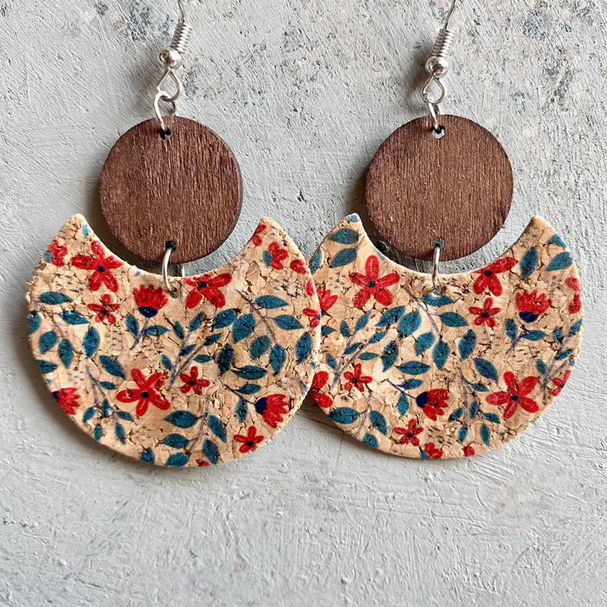 Natural Crescent Cork & Wood Dangle Earrings - 6 Unique Patterns