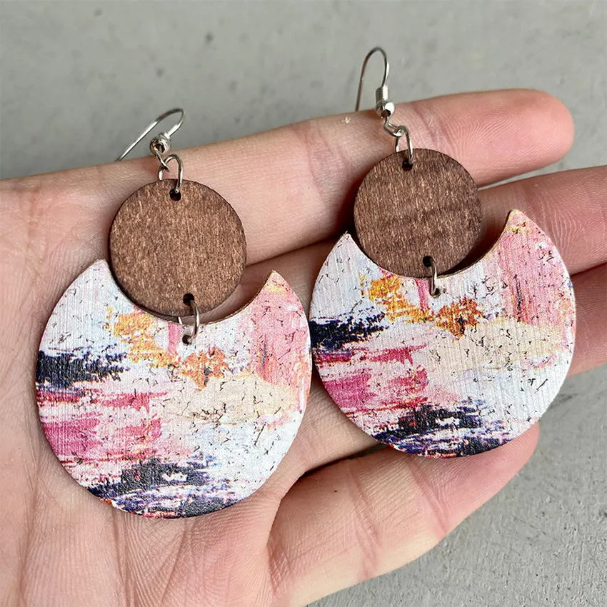 Natural Crescent Cork & Wood Dangle Earrings - 6 Unique Patterns