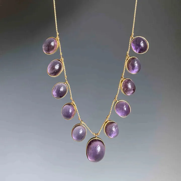 Natural Oval Cut  Amethyst Cabochon Vintage Fringe Necklace - 14k Gold Vermeil