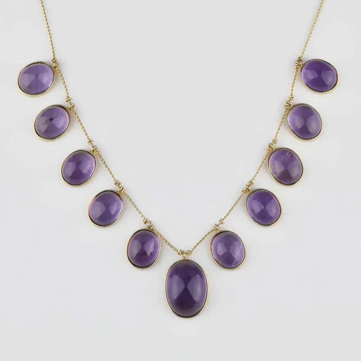 Natural Oval Cut  Amethyst Cabochon Vintage Fringe Necklace - 14k Gold Vermeil