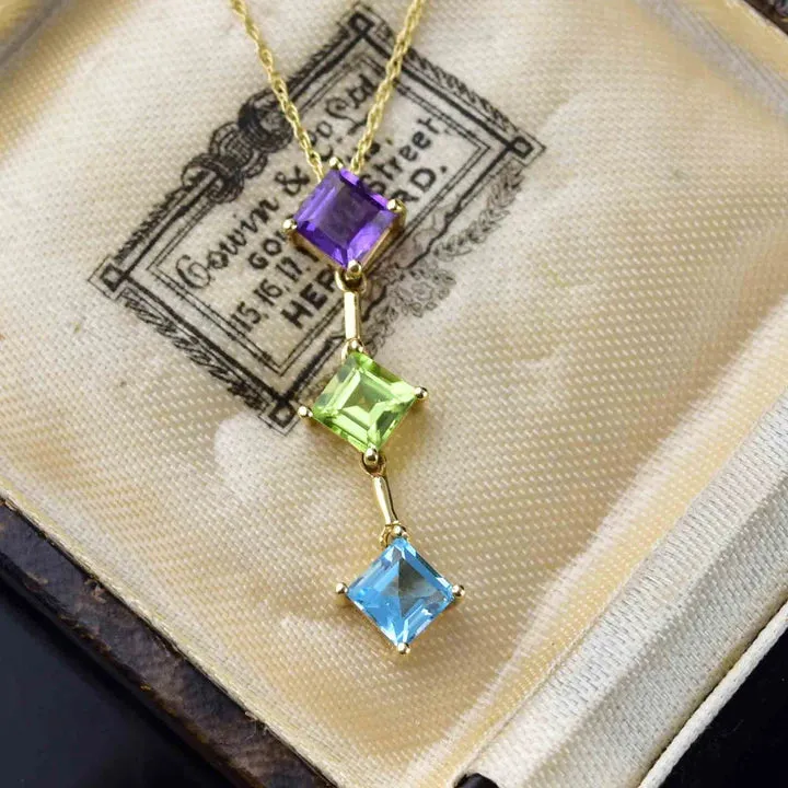 Natural Peridot, Amethyst And Blue Topaz Three Stone Pendant - 925 Sterling Silver Pendant