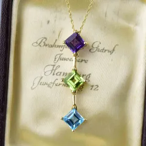 Natural Peridot, Amethyst And Blue Topaz Three Stone Pendant - 925 Sterling Silver Pendant