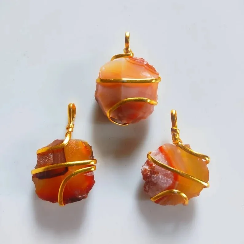 Natural Raw Carnelian Wire Wrapped Pendant Necklaces