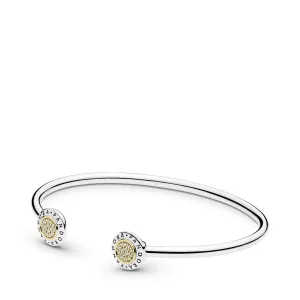 PANDORA logo silver open bangle with 14k and clear cubic zirconia