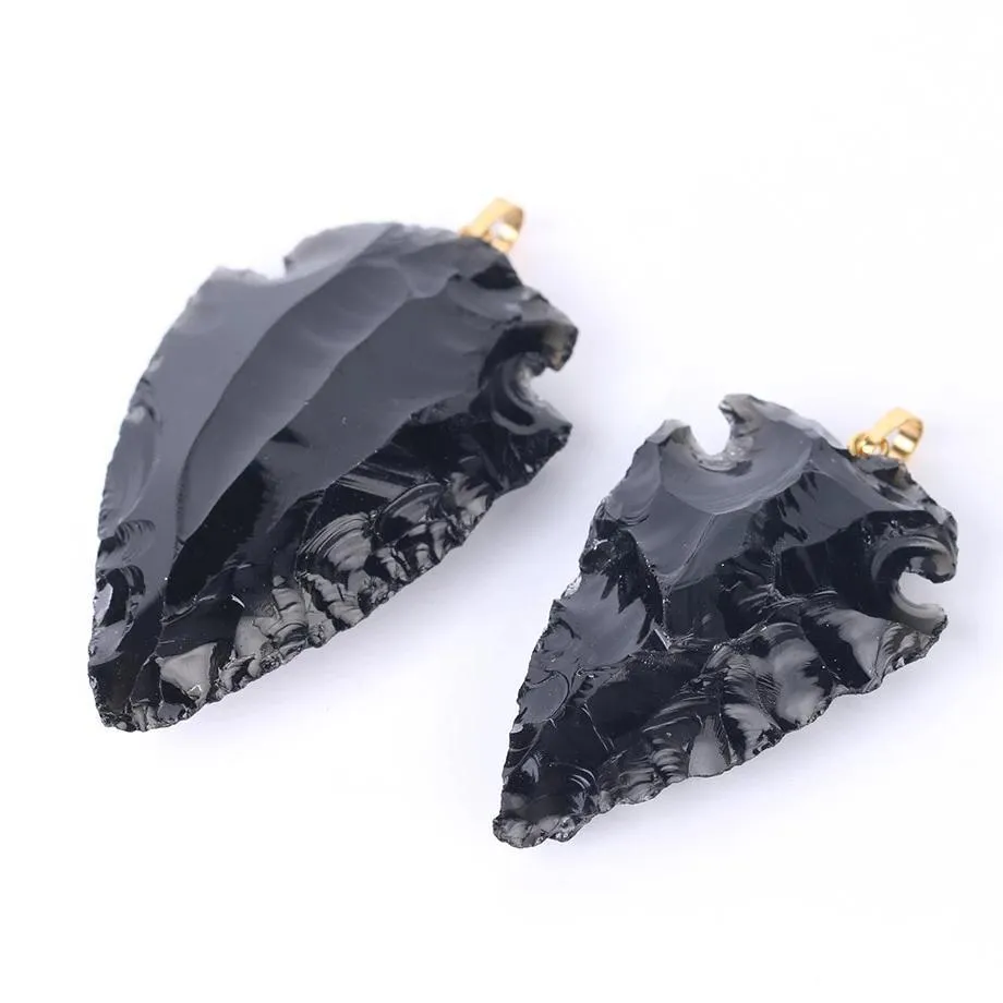 Raw Black Obsidian Arrow Head Pendant with Gold Necklace