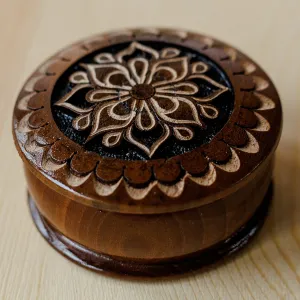 Round Wood Mini Jewelry Box with Hand-Carved Floral Motif - Majestic Flower | NOVICA