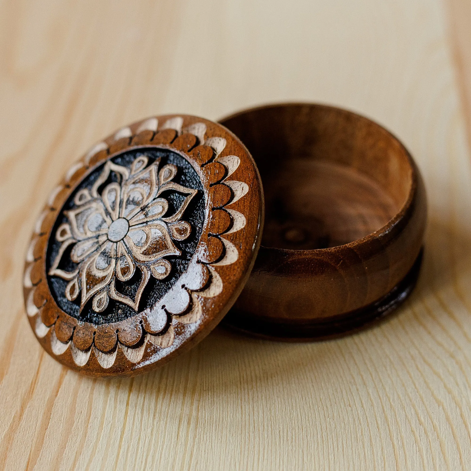 Round Wood Mini Jewelry Box with Hand-Carved Floral Motif - Majestic Flower | NOVICA