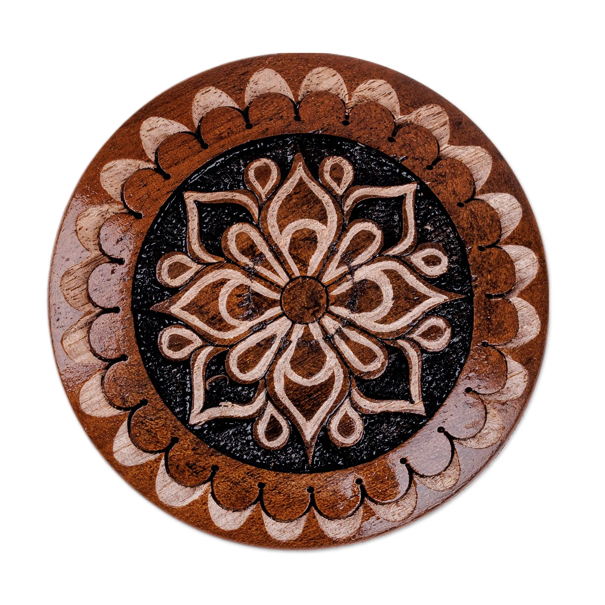 Round Wood Mini Jewelry Box with Hand-Carved Floral Motif - Majestic Flower | NOVICA