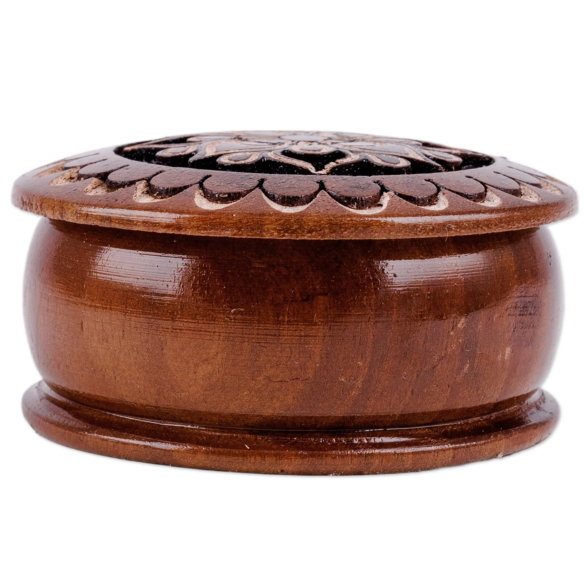 Round Wood Mini Jewelry Box with Hand-Carved Floral Motif - Majestic Flower | NOVICA