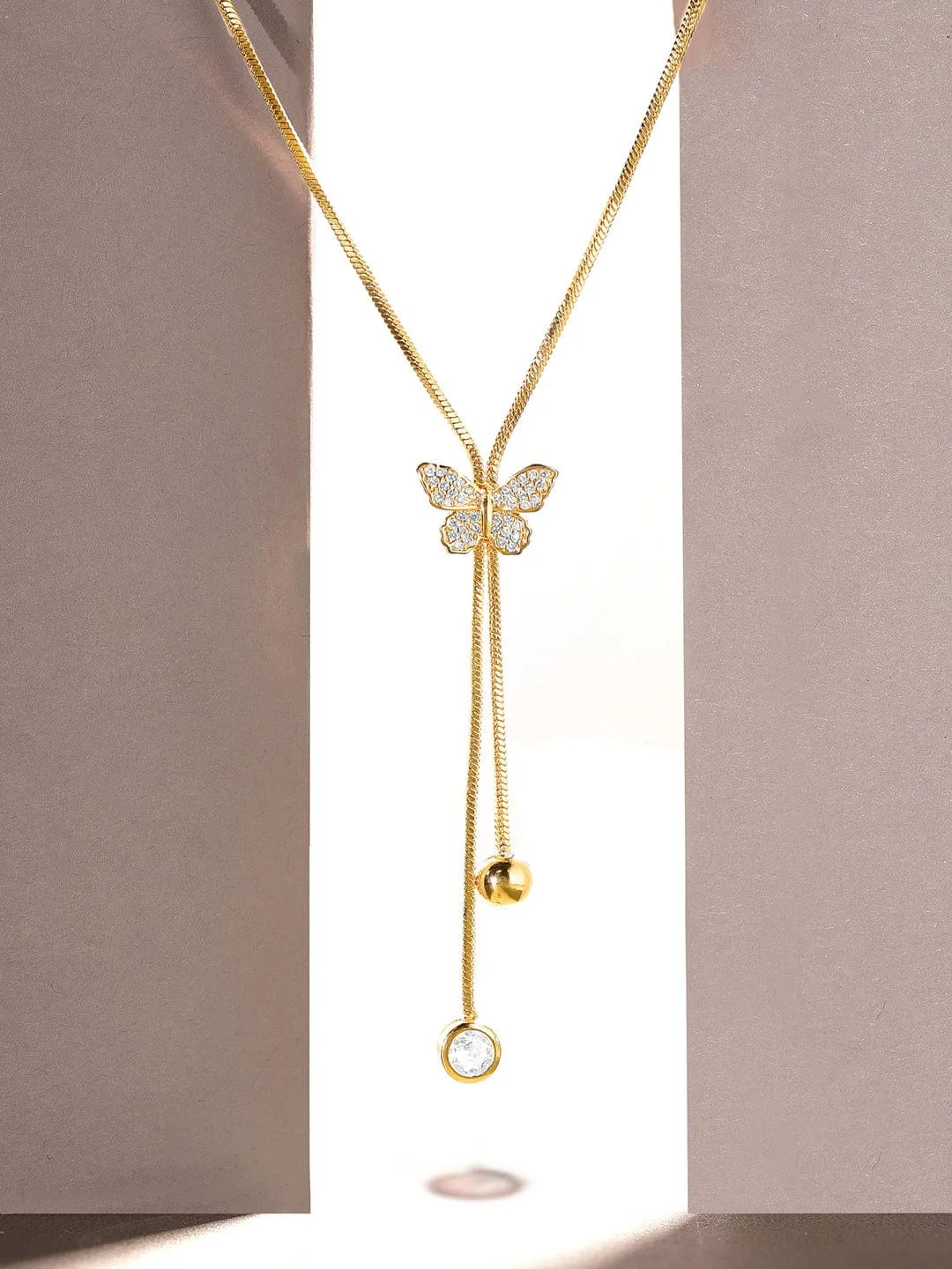 Rubans 18K Gold Plated, Minimal Chain Butterfly Motif Zircons Studded Drop Pendant Necklace.