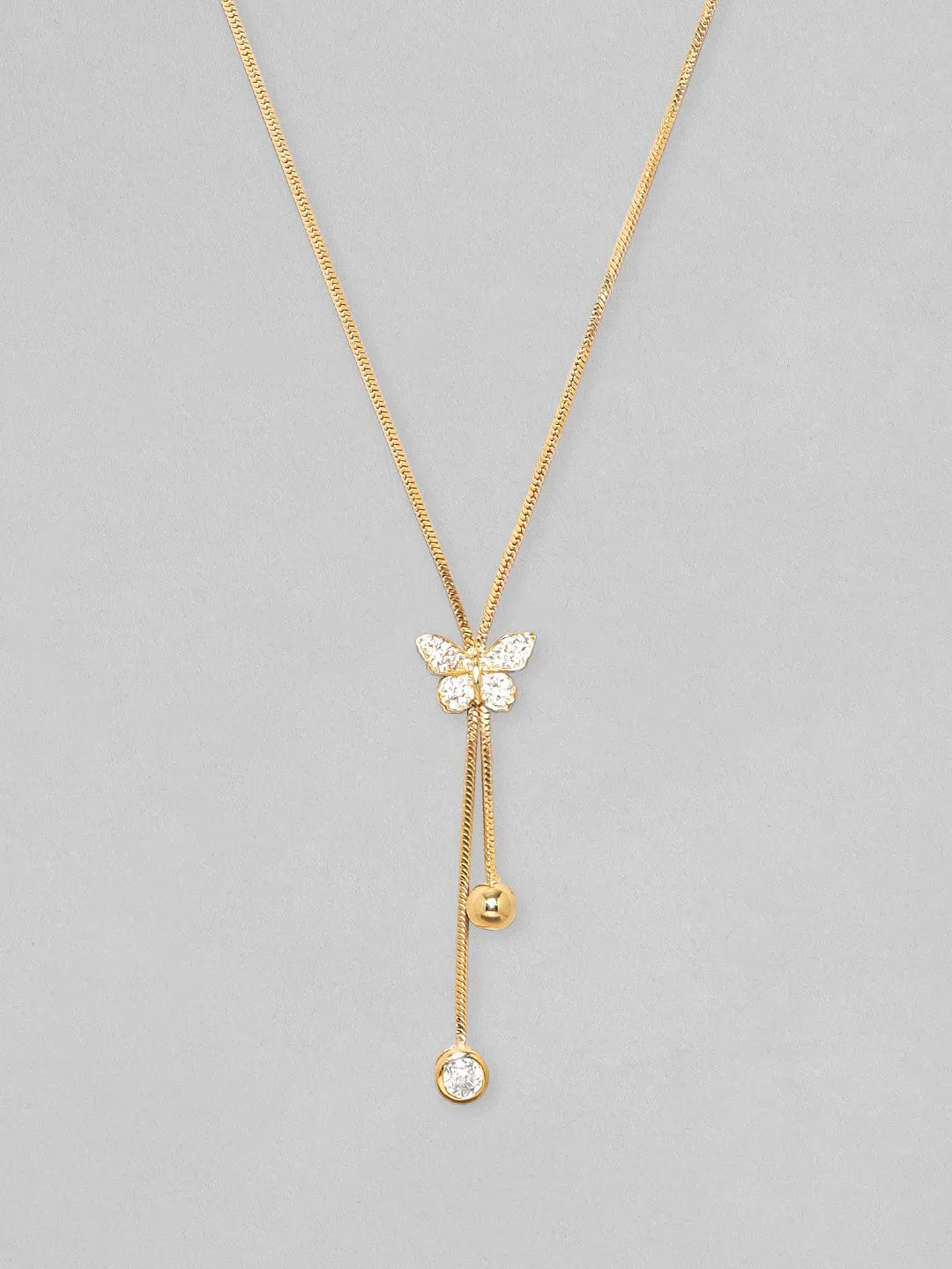 Rubans 18K Gold Plated, Minimal Chain Butterfly Motif Zircons Studded Drop Pendant Necklace.