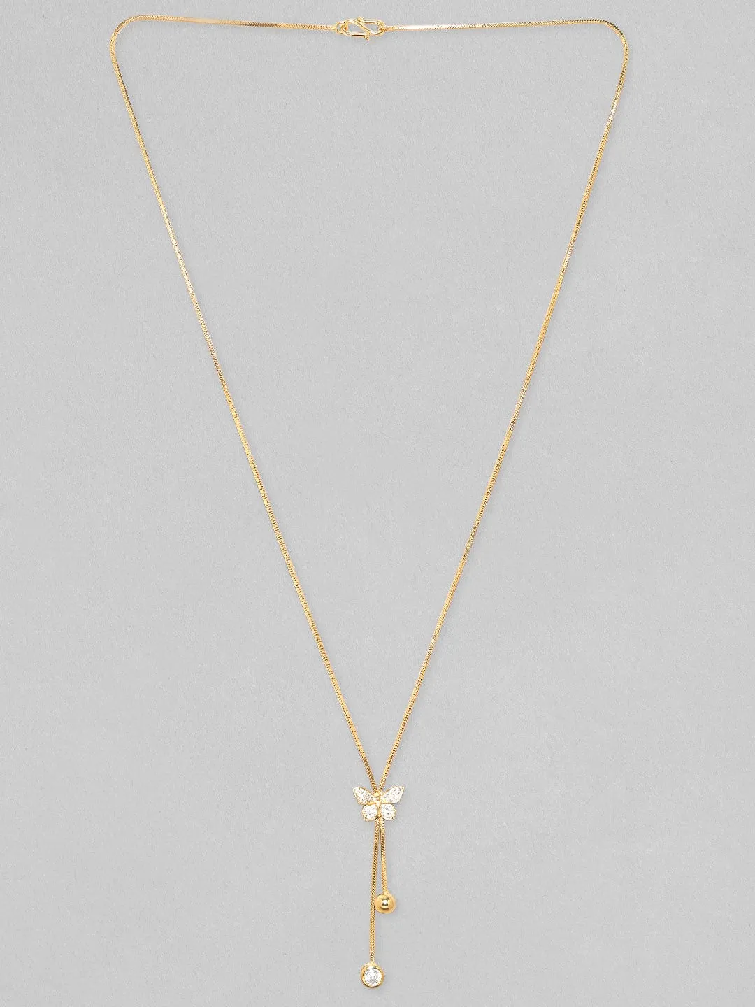 Rubans 18K Gold Plated, Minimal Chain Butterfly Motif Zircons Studded Drop Pendant Necklace.