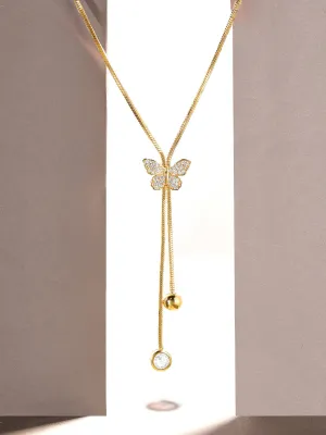 Rubans 18K Gold Plated, Minimal Chain Butterfly Motif Zircons Studded Drop Pendant Necklace.