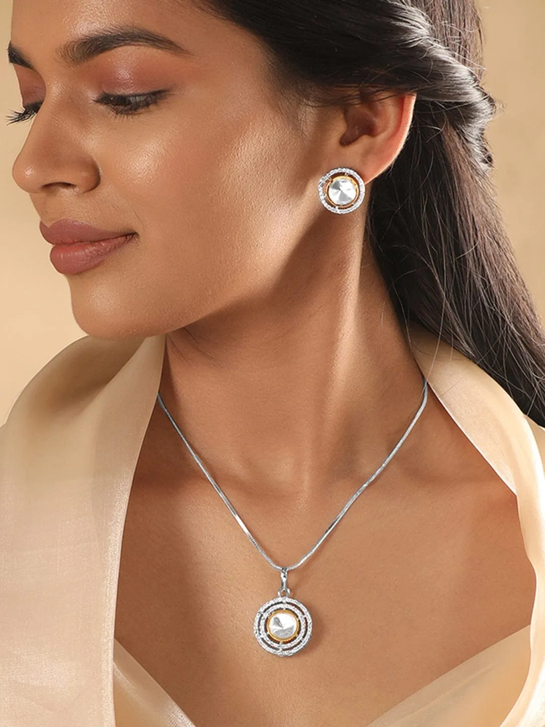 Rubans Rhodium Plated Polki & Zirconia Studded Minimal Pendant Set