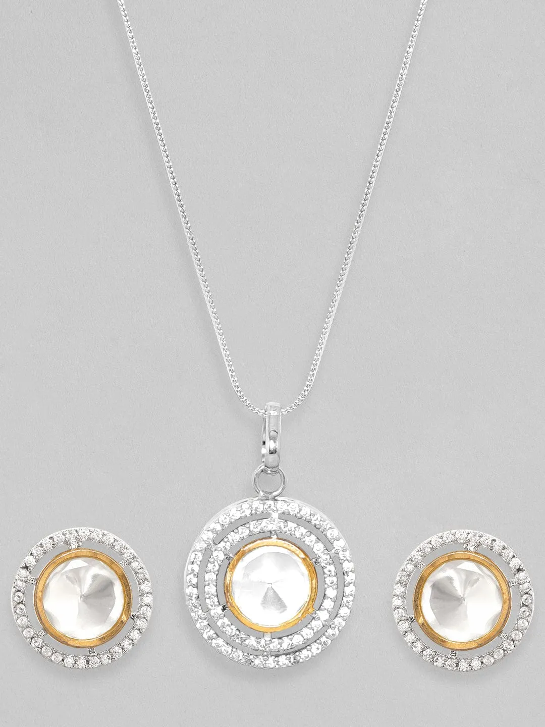 Rubans Rhodium Plated Polki & Zirconia Studded Minimal Pendant Set