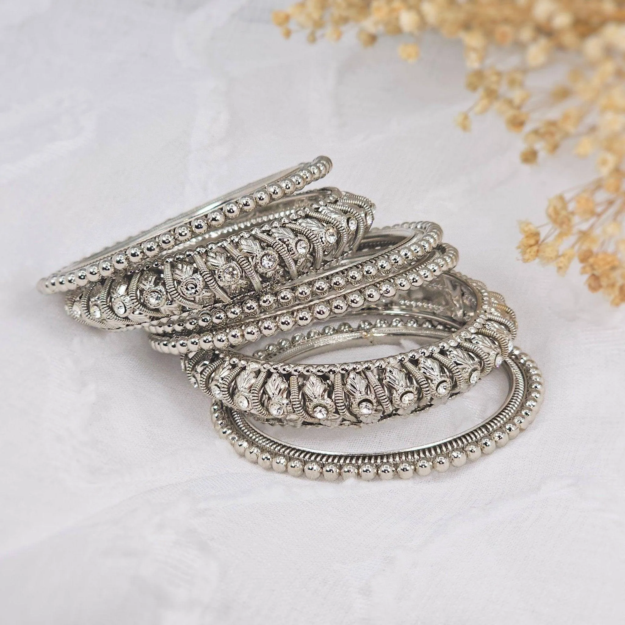 Set of 6 Antique Gold & Silver Polki Indian Bangles