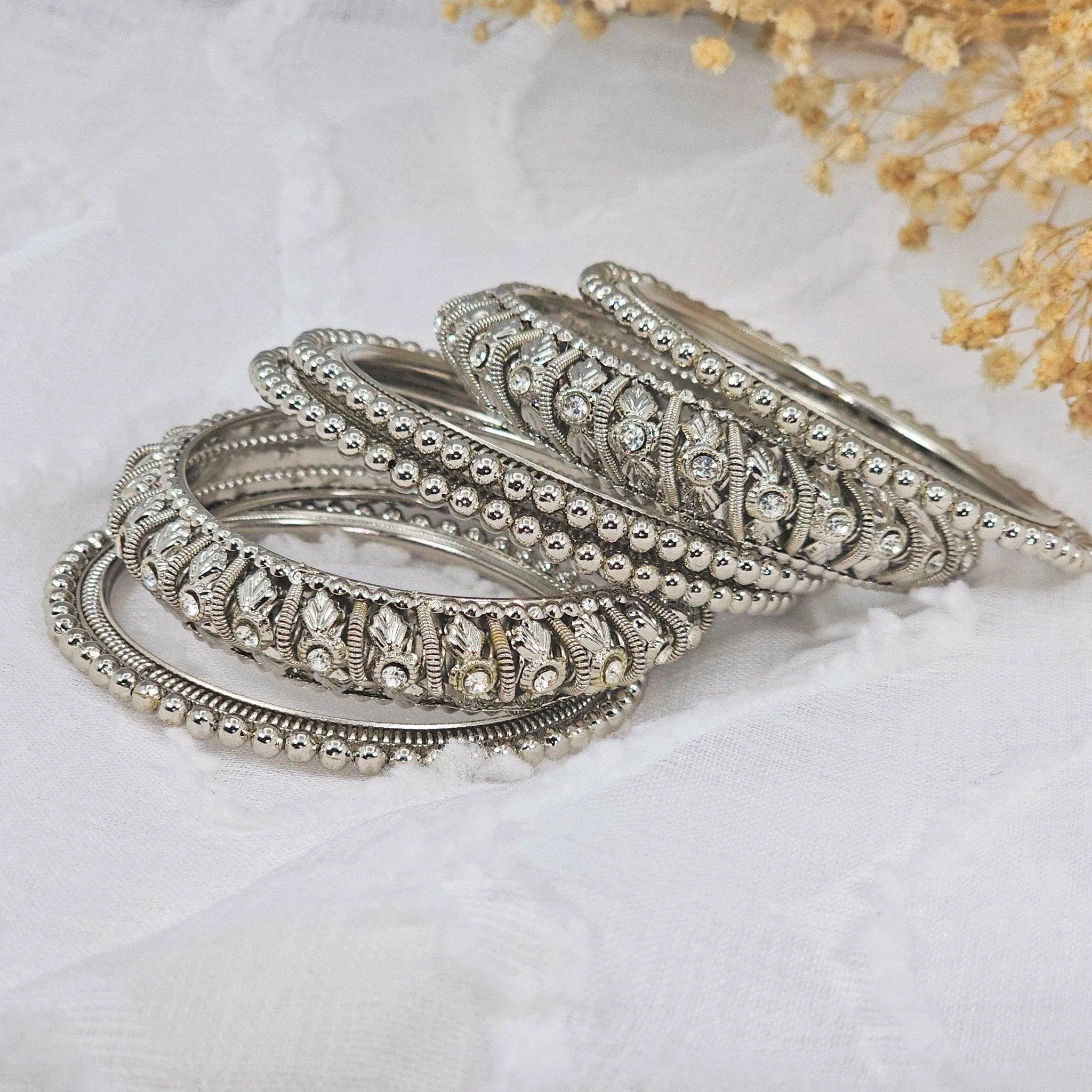 Set of 6 Antique Gold & Silver Polki Indian Bangles