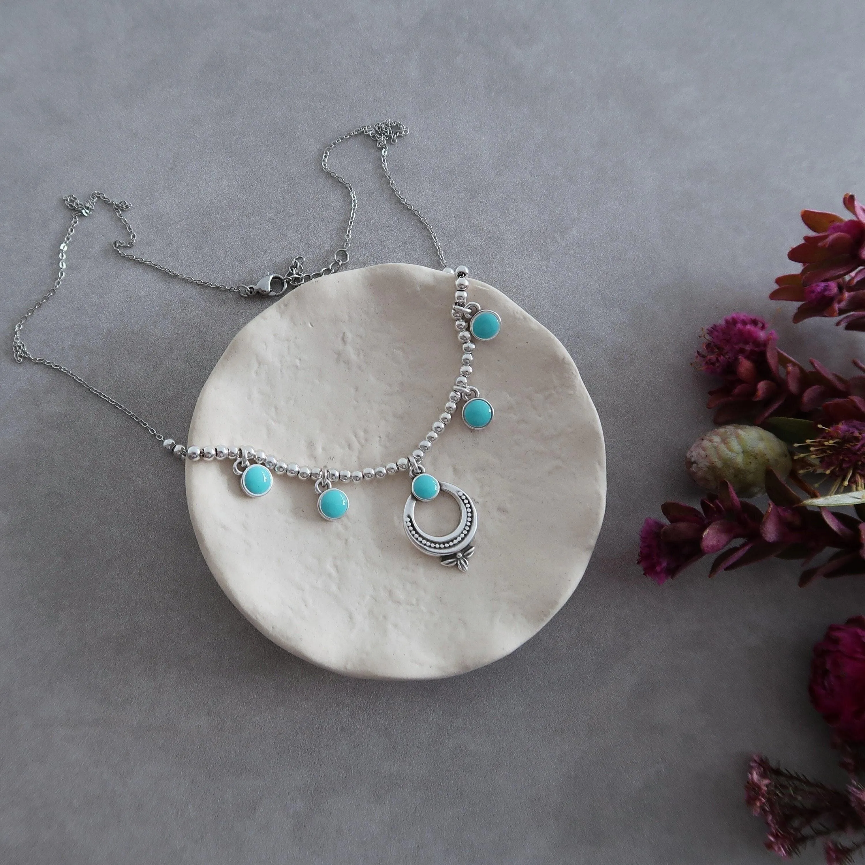 Silver Turquoise Round Enamel Charms Necklace