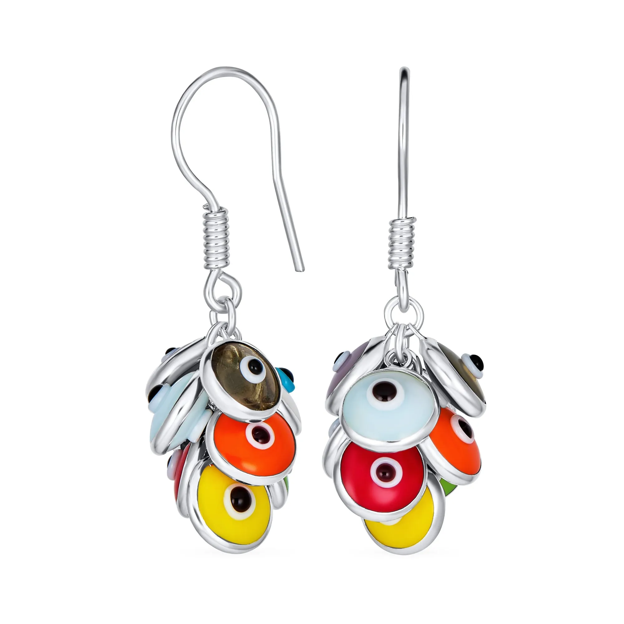 Spiritual Protection Multi-Color Evil Eye Charms Dangle Earrings Sterling Silver