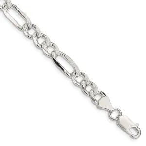 Sterling Silver 7.25mm Pave Flat Figaro Chain Bracelet