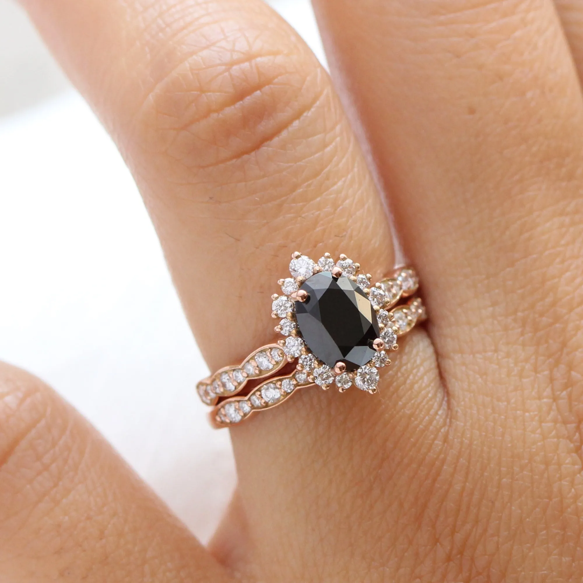 Tiara Halo Oval Black Diamond Ring Set w/ Matching Diamond Scalloped Wedding Band