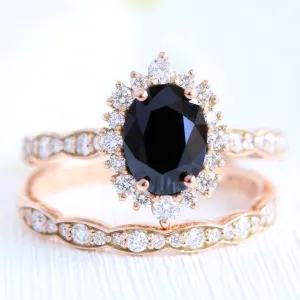 Tiara Halo Oval Black Diamond Ring Set w/ Matching Diamond Scalloped Wedding Band