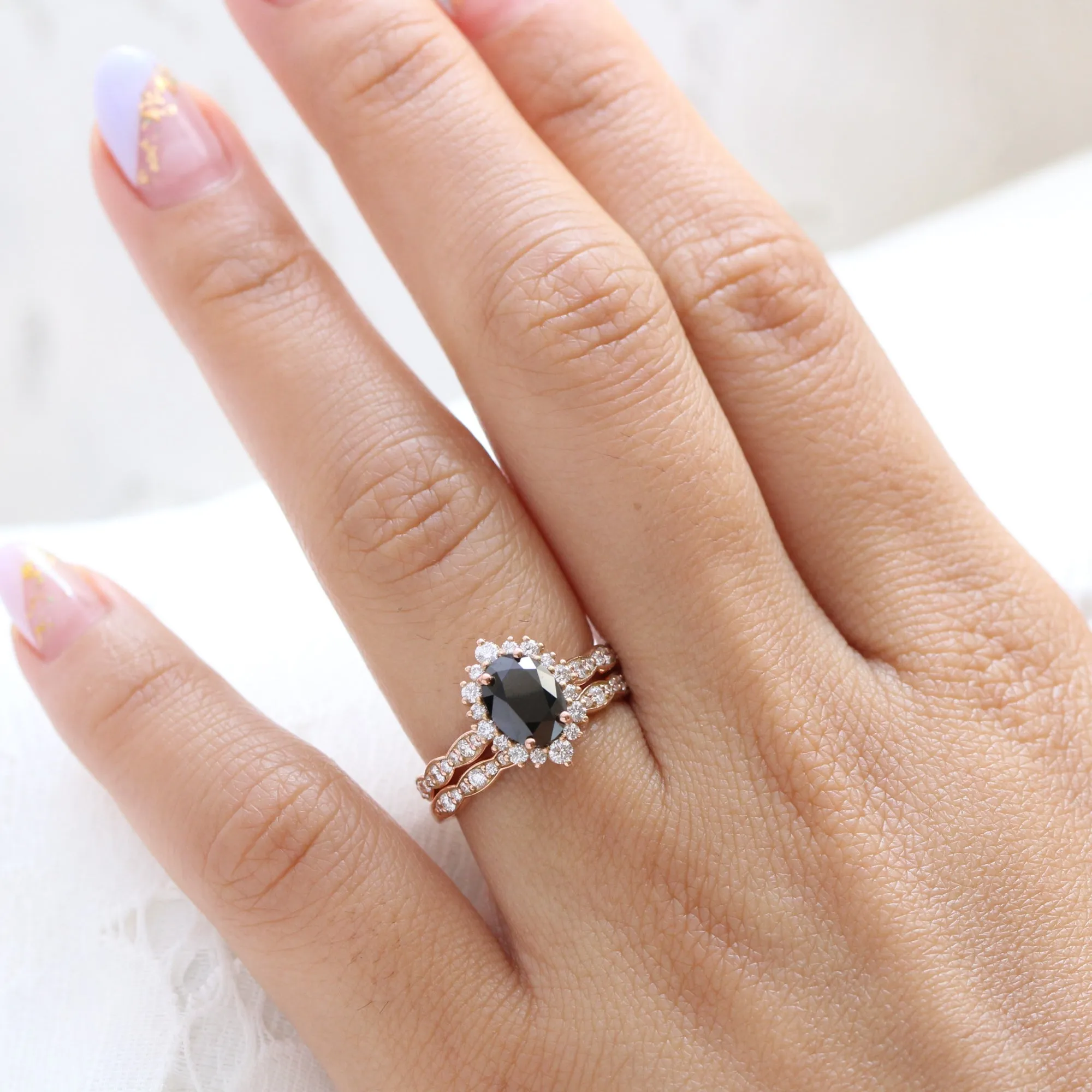 Tiara Halo Oval Black Diamond Ring Set w/ Matching Diamond Scalloped Wedding Band