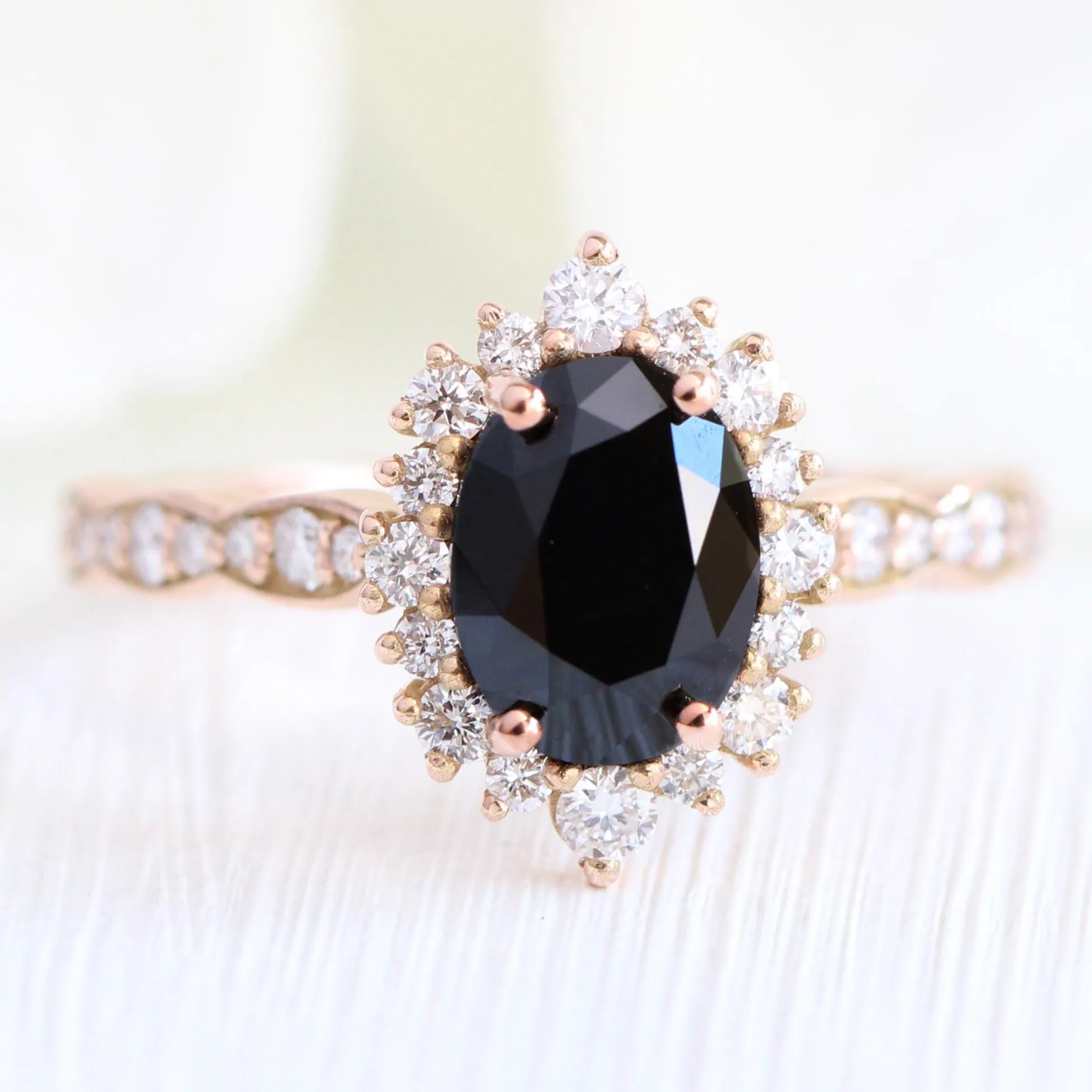 Tiara Halo Oval Black Diamond Ring Set w/ Matching Diamond Scalloped Wedding Band