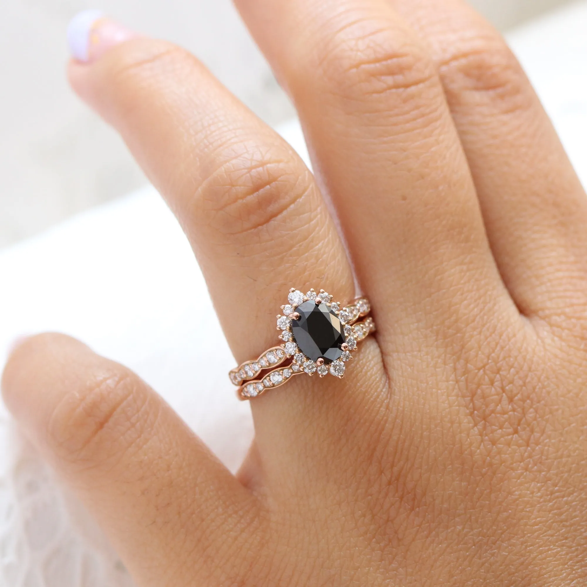 Tiara Halo Oval Black Diamond Ring Set w/ Matching Diamond Scalloped Wedding Band